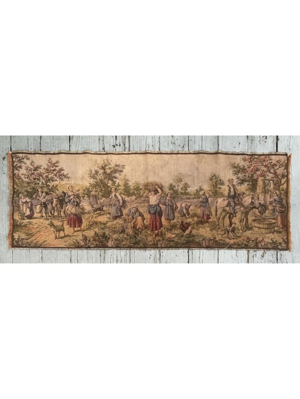 Antique Victorian - Art Deco Belgium Jacquard Tapestry Runner Peasant Farmers